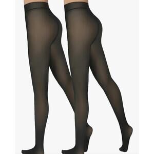 Delcast 2 Pairs Black Fleece Lined Tights Women Thermal Sheer XS